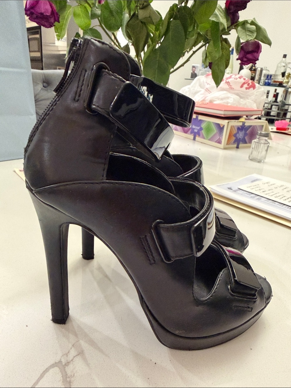 BCBGeneration Black Patent Strappy High Heel Sandals